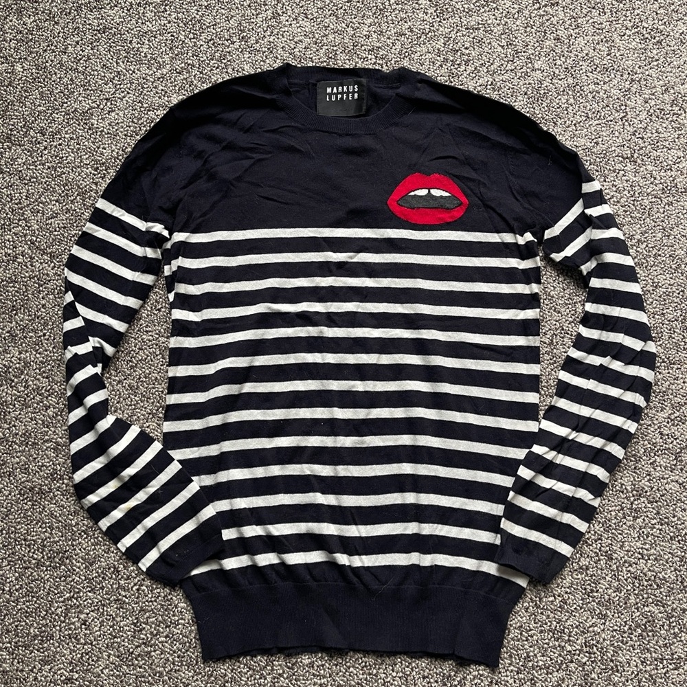 Markus Lupfer Striped Nautical Lips Logo Cotton Sweater Top XS